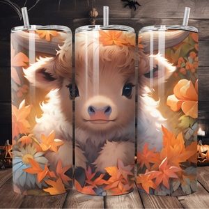 🤑 2 for $50🤑 Fall flower Highlander baby cow 20oz skinny tumbler